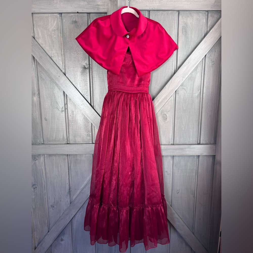 Hummingbirds and Flowers Red Maxi Dress with Cape wedding guest formal Size M